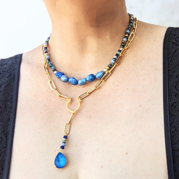 Blue Glass Czech Beads & Crystal Pendant In Two Strand Paperclip Necklace - Picture 10 of 10